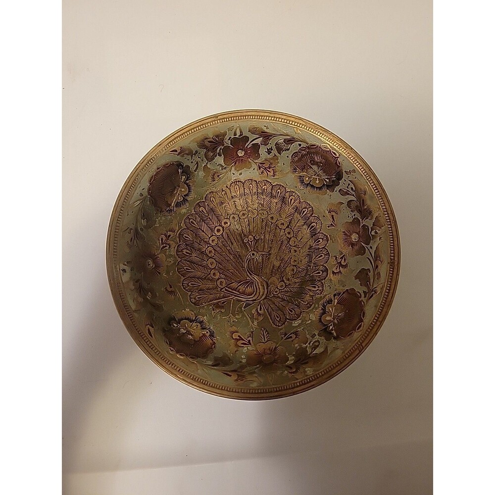 Beautiful Vintage Peacock Flower Solid Brass Trinket Bowl Decorative Pedastal